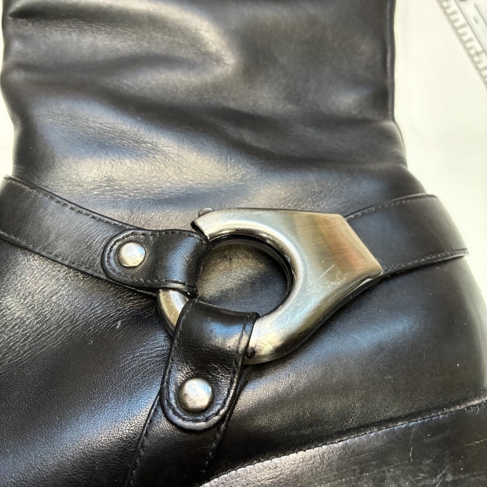 Via Spiga Black Leather Boot Silver Harness Buckle Knee High with Zipper Size 8 - Picture 8 of 16